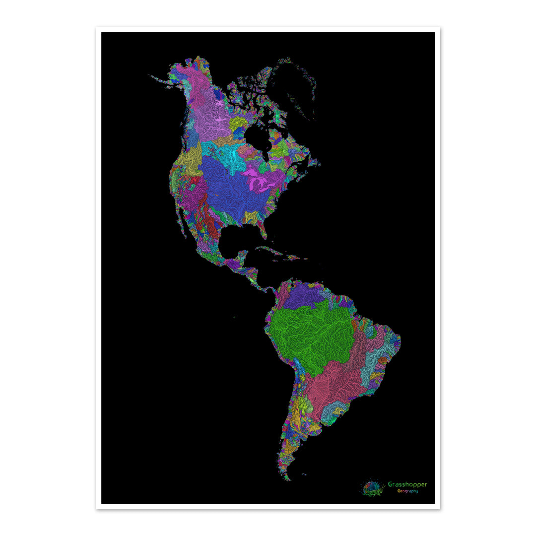 Les Amériques - Carte des bassins fluviaux, arc-en-ciel sur noir - Fine Art Print
