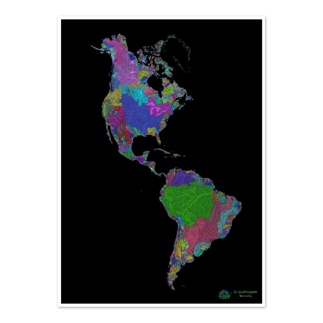 The Americas - River basin map, rainbow on black - Fine Art Print