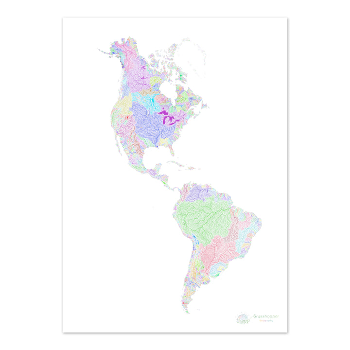 Las Américas - Mapa de cuencas fluviales, arco iris sobre blanco - Impresión de Bellas Artes