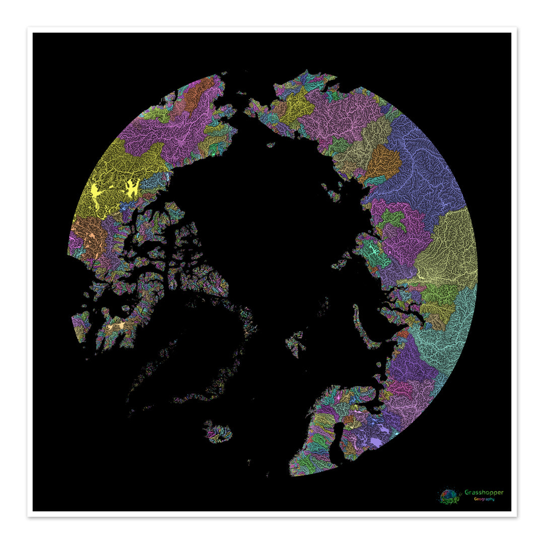 L'Arctique - Carte des bassins fluviaux, pastel sur noir - Fine Art Print