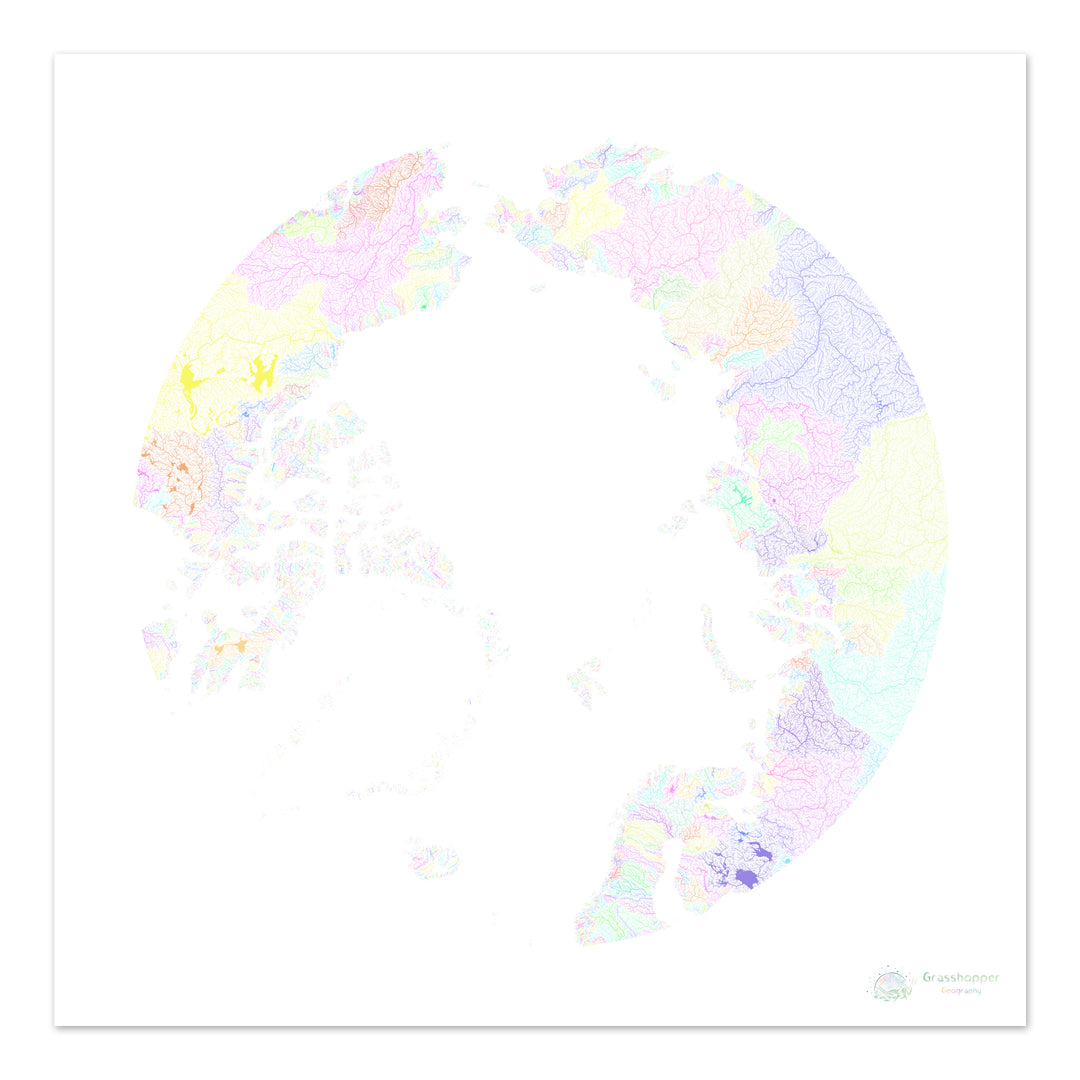 L'Arctique - Carte des bassins fluviaux, pastel sur blanc - Fine Art Print