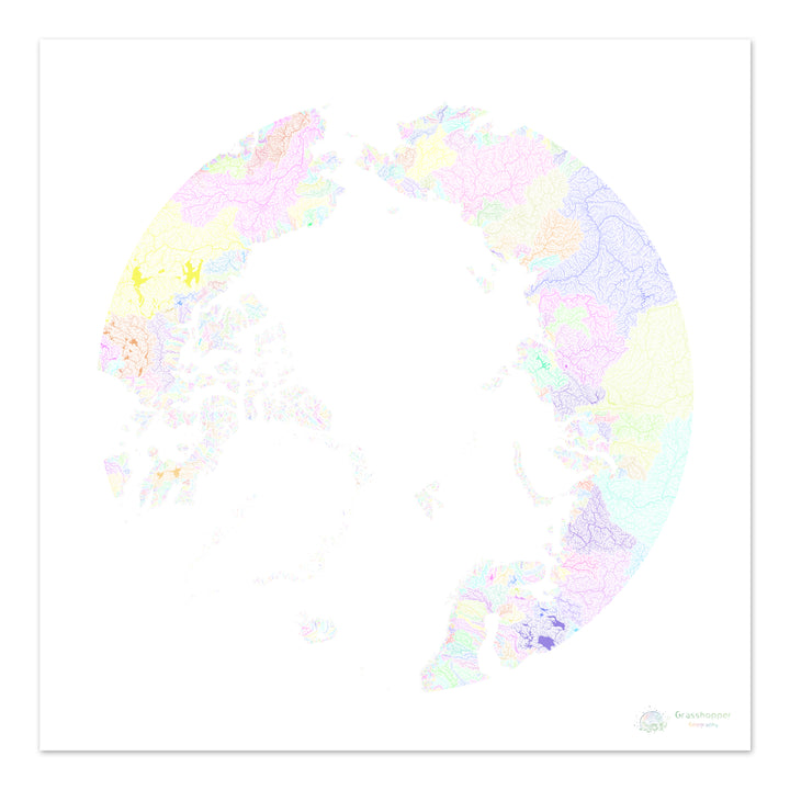 L'Arctique - Carte des bassins fluviaux, pastel sur blanc - Fine Art Print