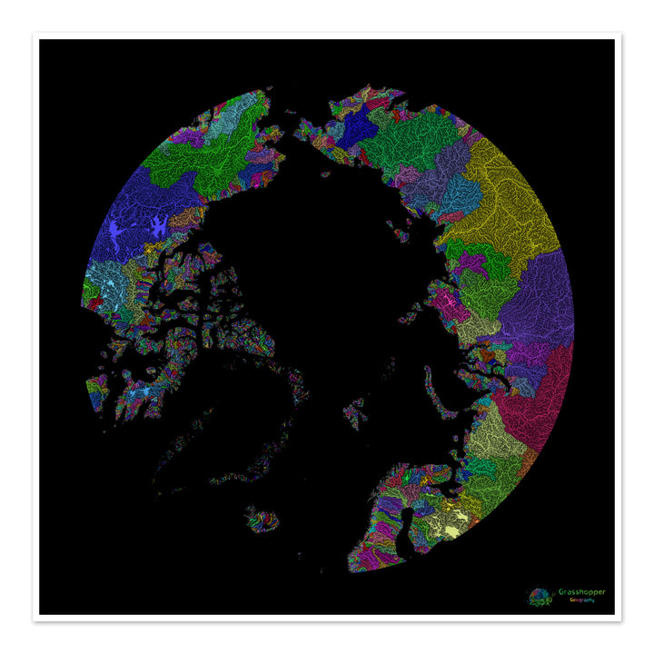 L'Arctique - Carte des bassins fluviaux, arc-en-ciel sur noir - Fine Art Print