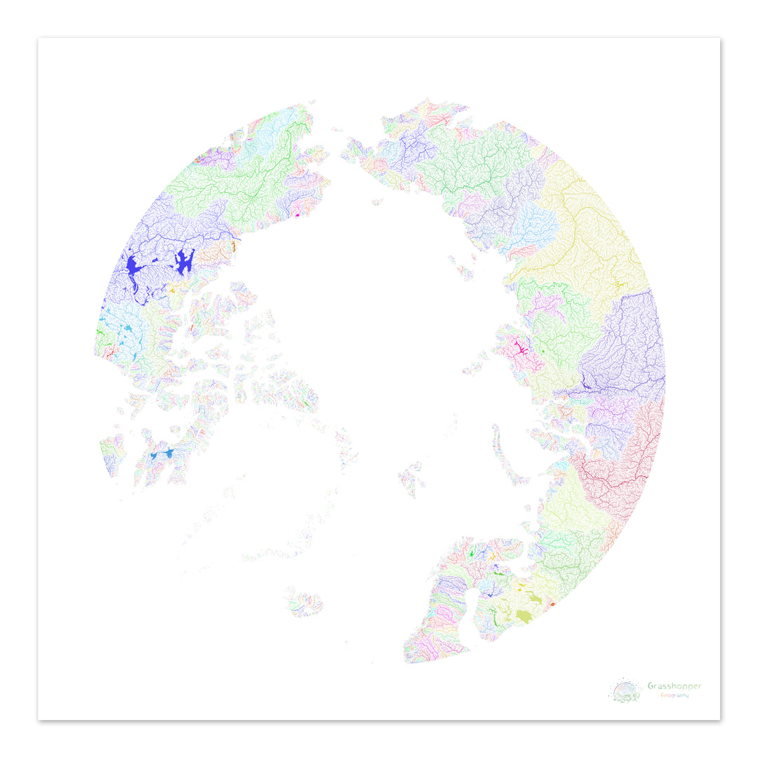 El Ártico - Mapa de la cuenca fluvial, arco iris sobre blanco - Impresión de bellas artes