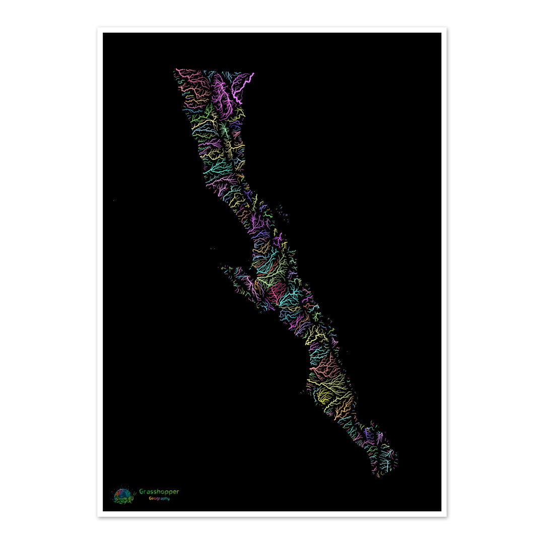 River basin map of the Baja California Peninsula, pastel colours on black - Fine Art Print