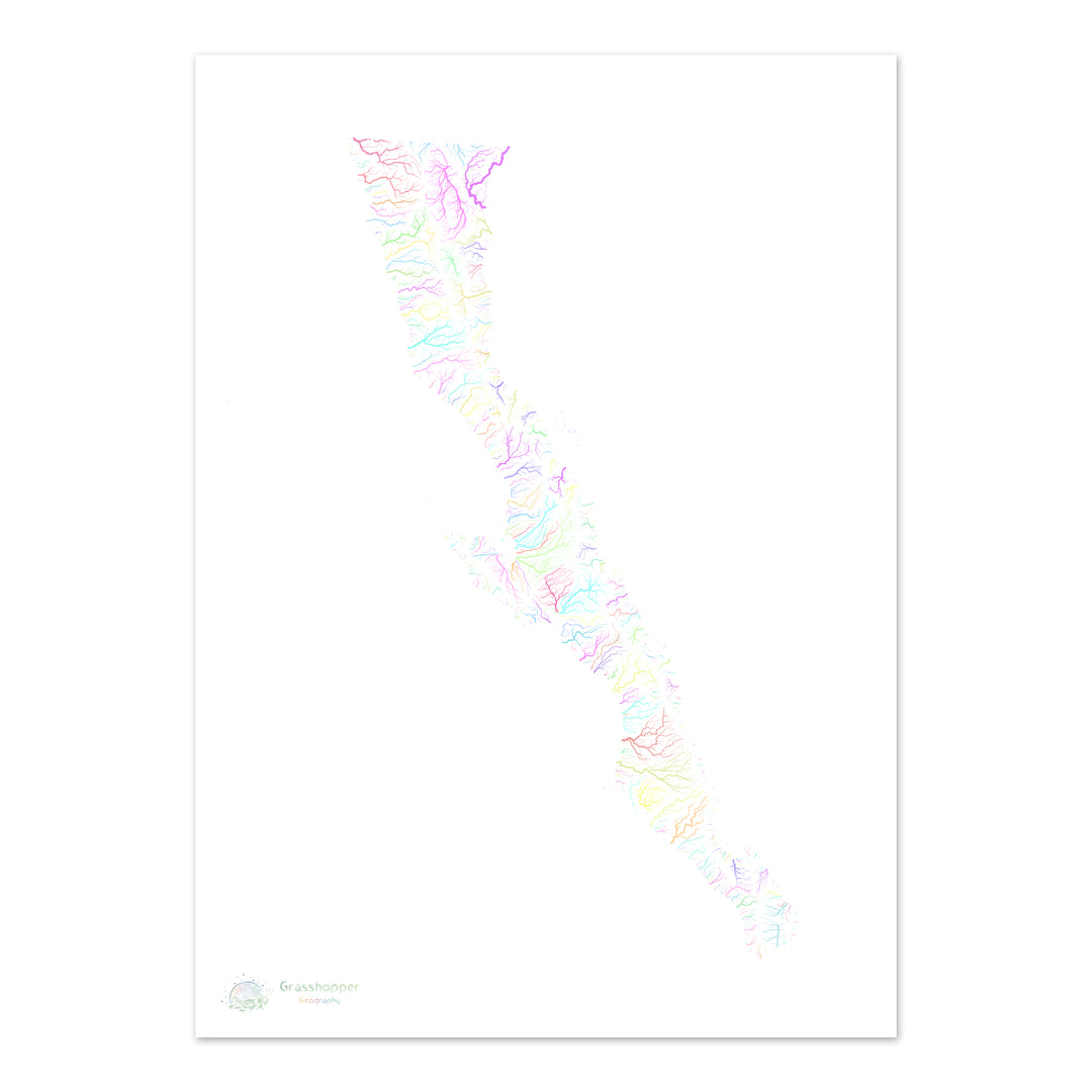 River basin map of the Baja California Peninsula, pastel colours on white - Fine Art Print