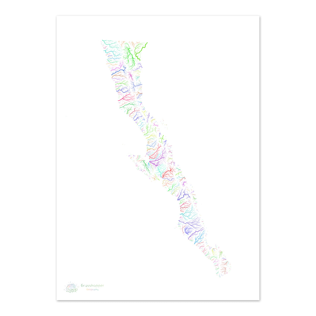 River basin map of the Baja California Peninsula, rainbow colours on white - Fine Art Print