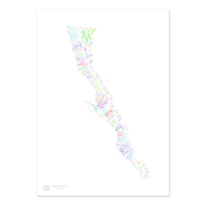 River basin map of the Baja California Peninsula, rainbow colours on white - Fine Art Print
