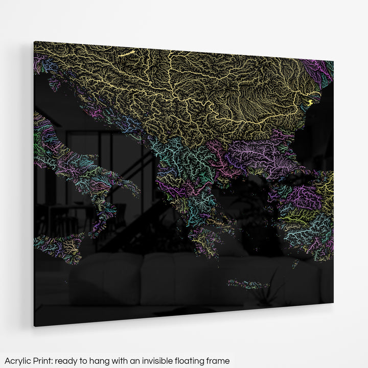 Balkans - River basin map, pastel colours - Wall Art