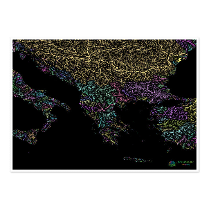Los Balcanes - Mapa de la cuenca fluvial, pastel sobre negro - Impresión de Bellas Artes