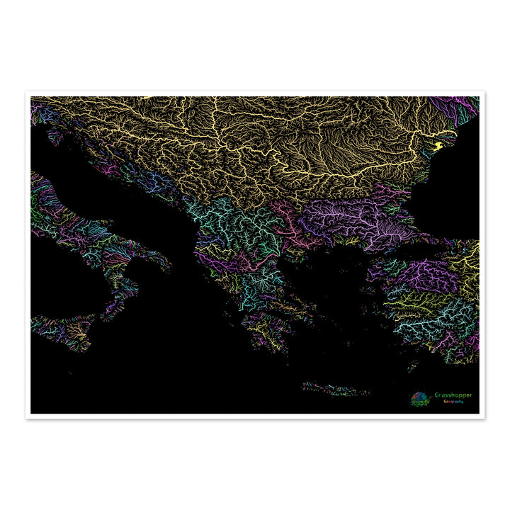 Os Balcãs - Mapa da bacia hidrográfica, pastel sobre preto - Impressão de belas artes