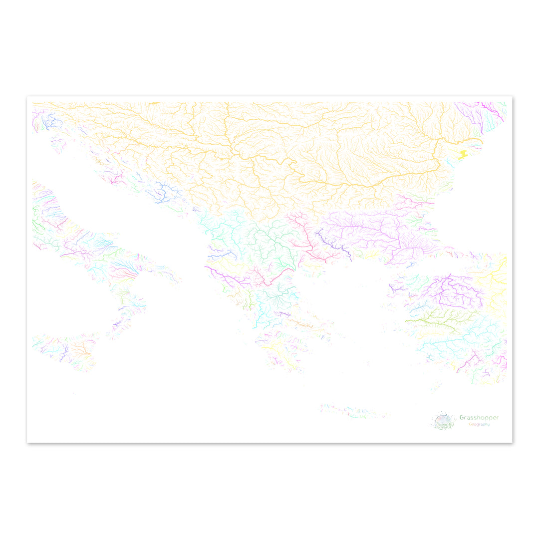 The Balkans - River basin map, pastel on white - Fine Art Print