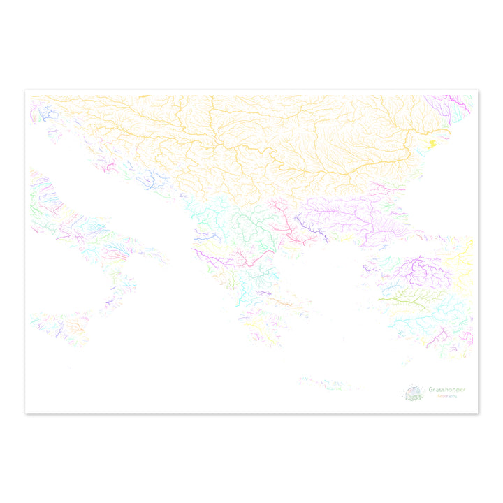 Les Balkans - Carte des bassins fluviaux, pastel sur blanc - Fine Art Print