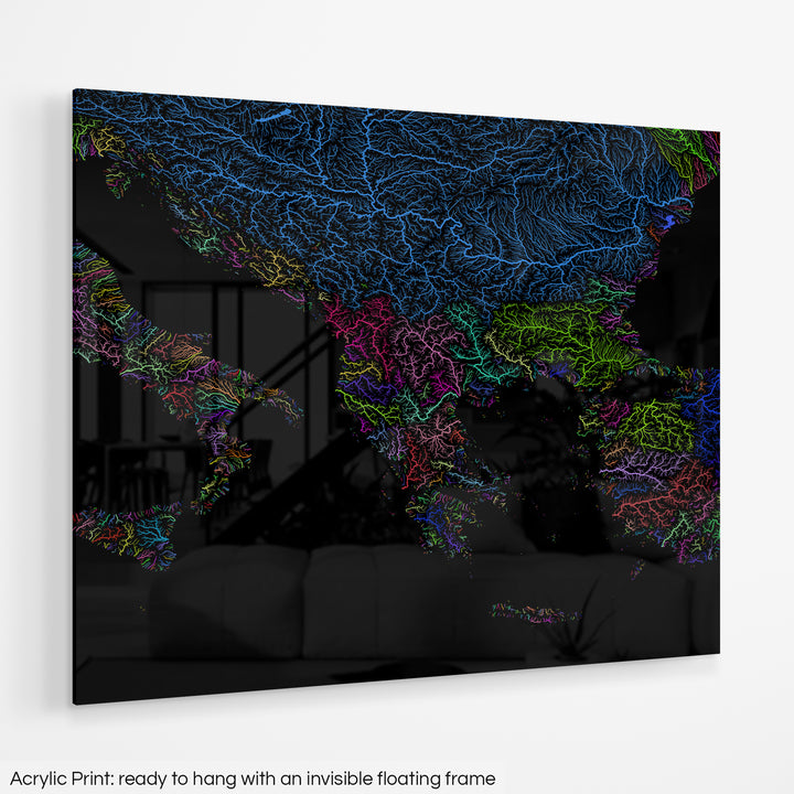 Balkans - River basin map, rainbow colours - Wall Art