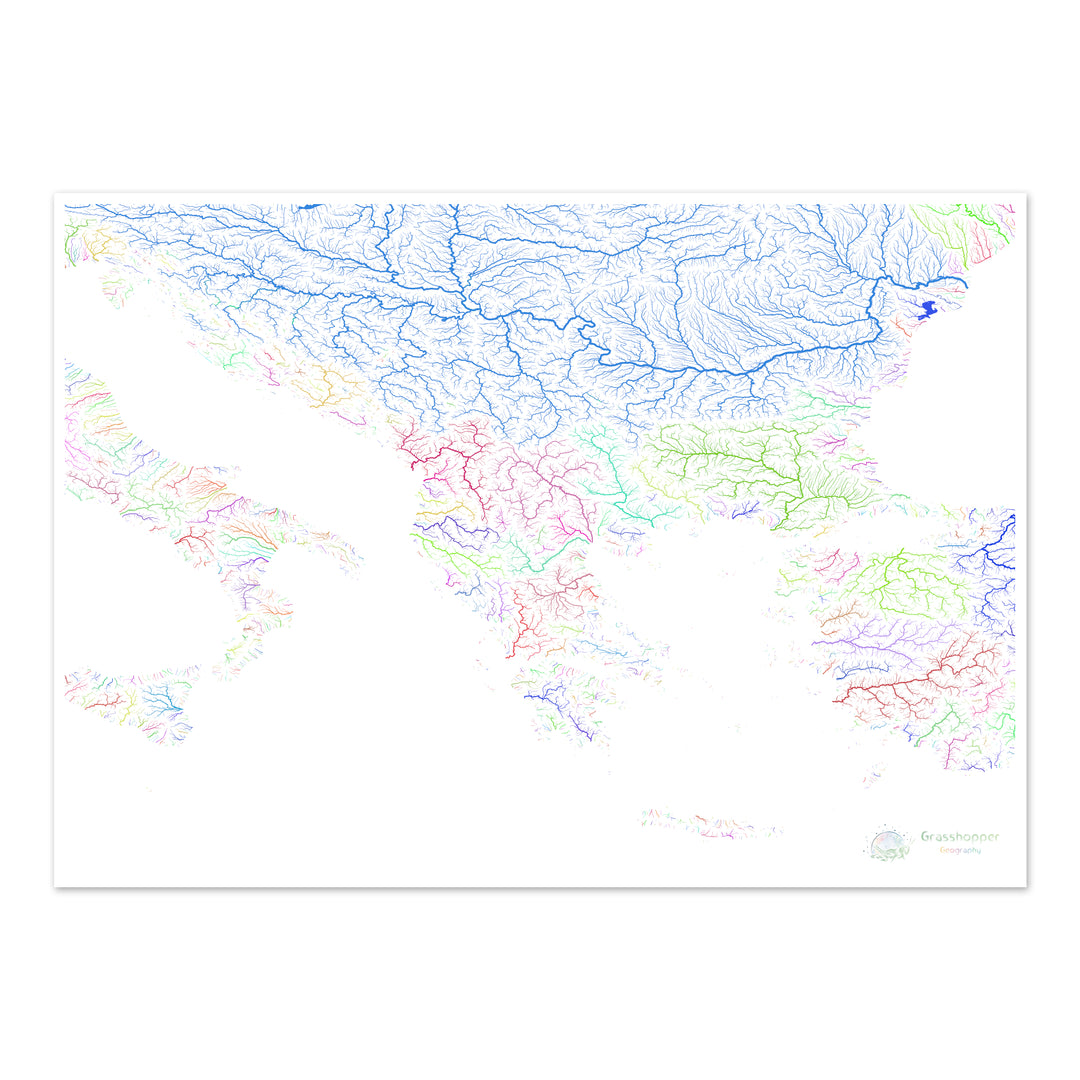 Les Balkans - Carte des bassins fluviaux, arc-en-ciel sur blanc - Fine Art Print