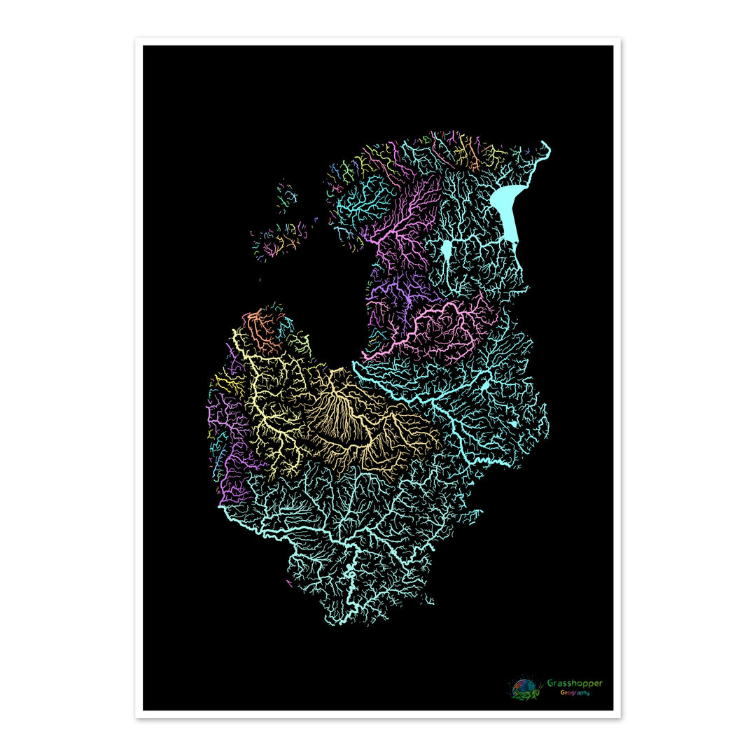 Os Estados Bálticos - Mapa da bacia hidrográfica, pastel sobre preto - Impressão de belas artes