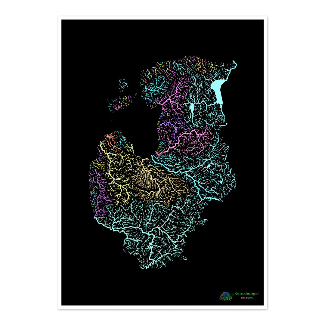 Los Estados bálticos - Mapa de la cuenca fluvial, pastel sobre negro - Impresión de bellas artes