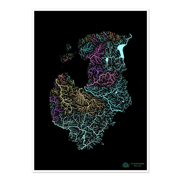 Os Estados Bálticos - Mapa da bacia hidrográfica, pastel sobre preto - Impressão de belas artes