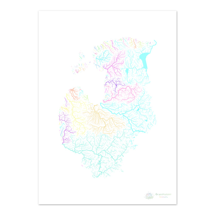 Os Estados Bálticos - Mapa da bacia hidrográfica, pastel sobre branco - Impressão de belas artes