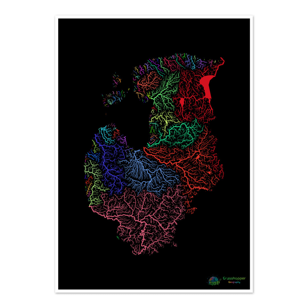 Los Estados bálticos - Mapa de la cuenca fluvial, arco iris sobre negro - Impresión de bellas artes