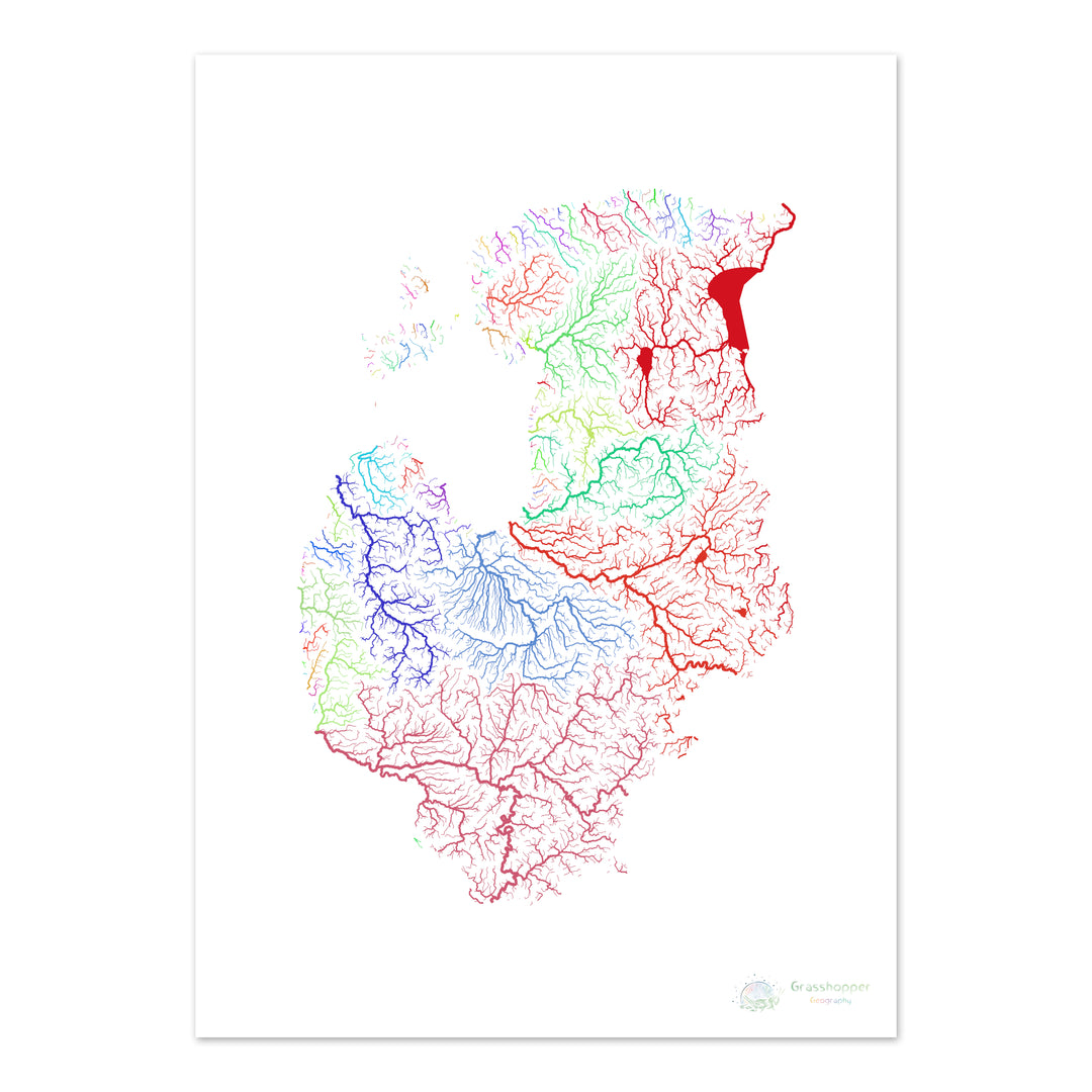 Los Estados bálticos - Mapa de la cuenca fluvial, arco iris sobre blanco - Impresión de bellas artes