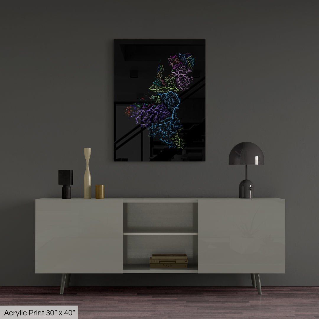 Benelux States - River basin map, rainbow colours - Wall Art