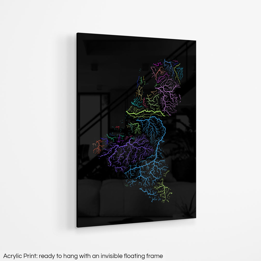 Benelux States - River basin map, rainbow colours - Wall Art