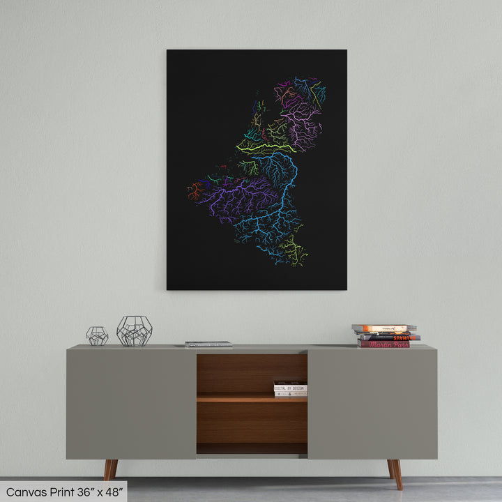 Benelux States - River basin map, rainbow colours - Wall Art