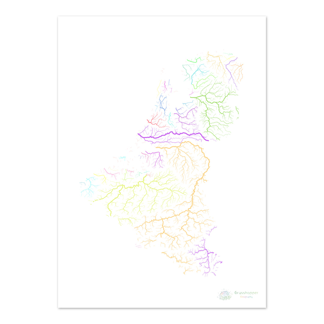 Les États du Benelux - Carte des bassins fluviaux, pastel sur blanc - Fine Art Print