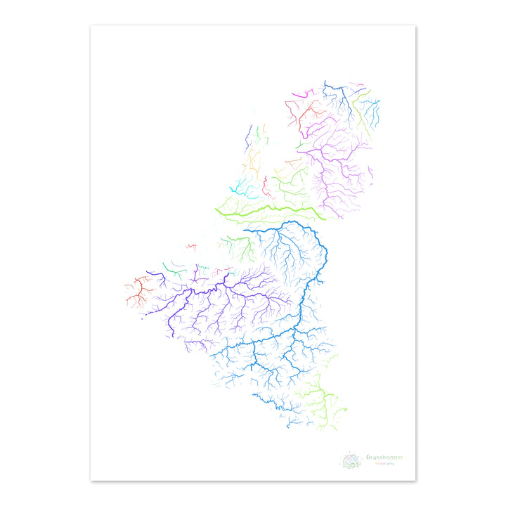 Los estados del Benelux - Mapa de la cuenca fluvial, arco iris sobre blanco - Impresión de bellas artes
