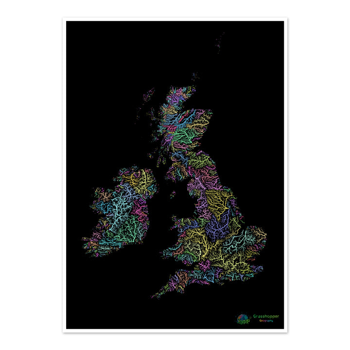 Les îles britanniques - Carte des bassins fluviaux, pastel sur noir - Fine Art Print