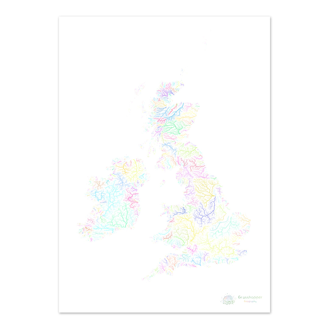Las Islas Británicas - Mapa de la cuenca fluvial, pastel sobre blanco - Impresión de Bellas Artes