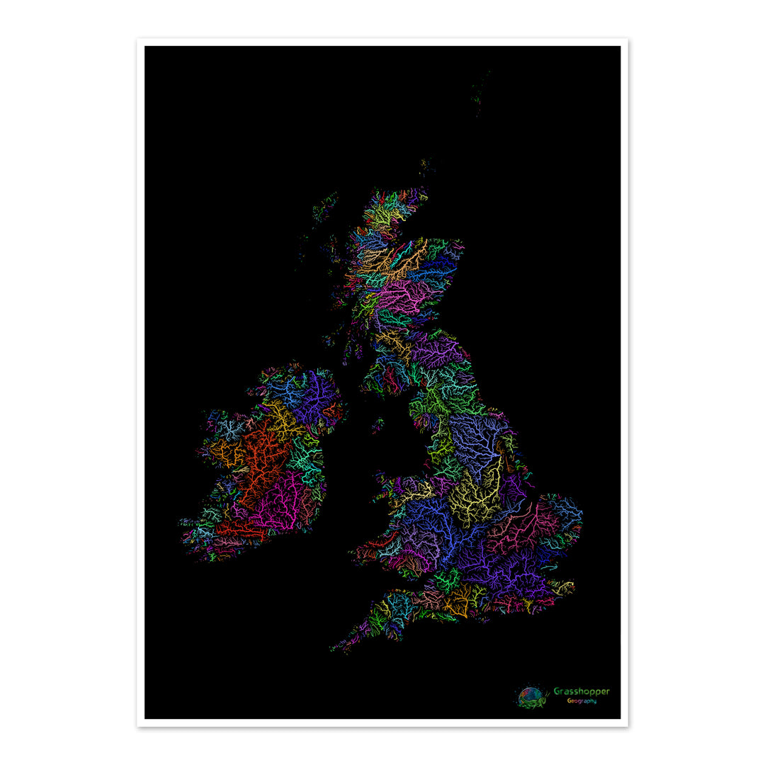 Les îles britanniques - Carte des bassins fluviaux, arc-en-ciel sur noir - Fine Art Print