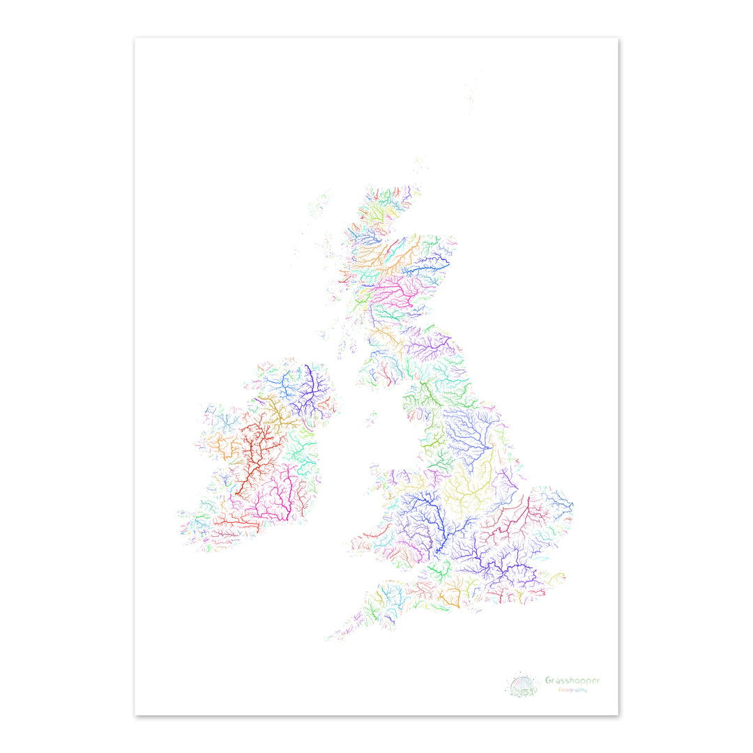 Les îles britanniques - Carte des bassins fluviaux, arc-en-ciel sur blanc - Fine Art Print