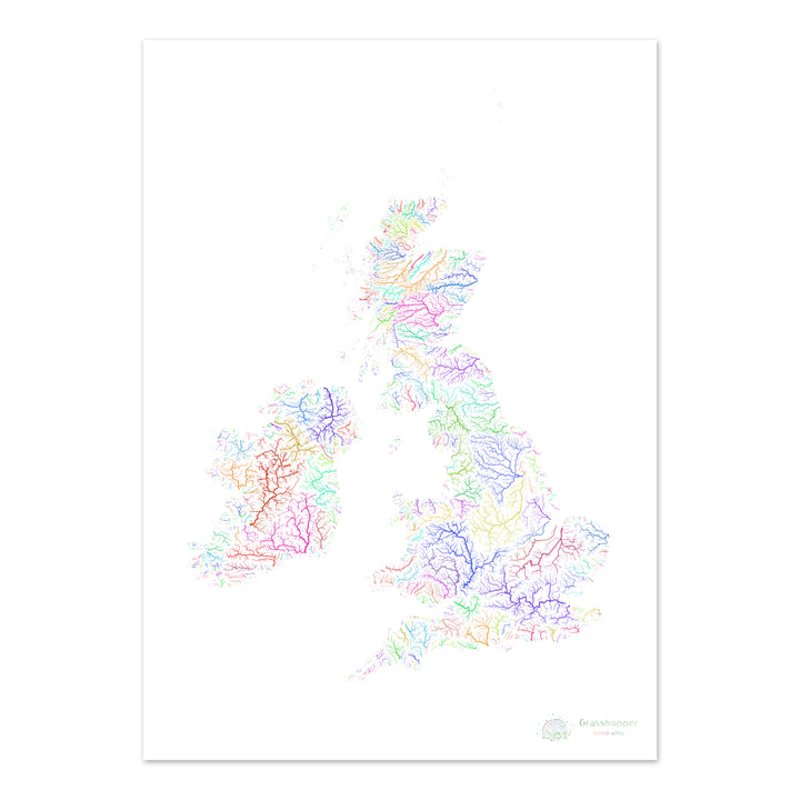 The British Isles - River basin map, rainbow on white - Fine Art Print