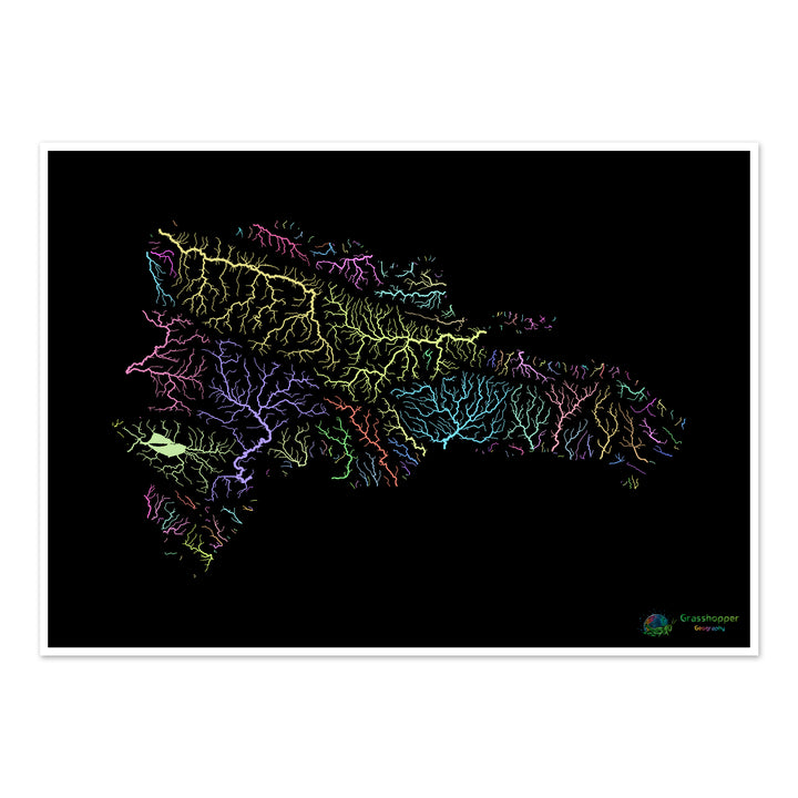 The Dominican Republic - River basin map, pastel on black - Fine Art Print