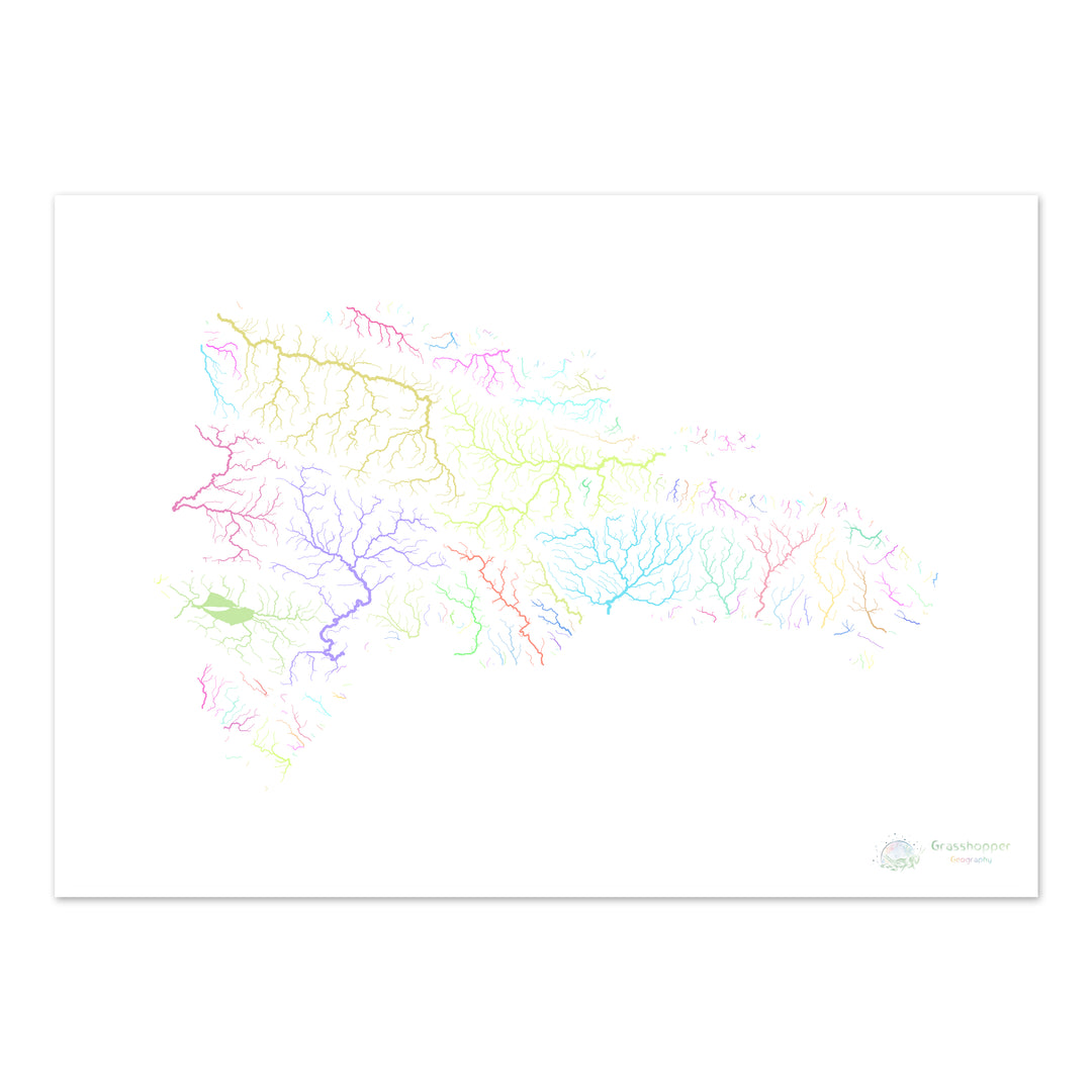 République Dominicaine - Carte des bassins fluviaux, pastel sur blanc - Fine Art Print