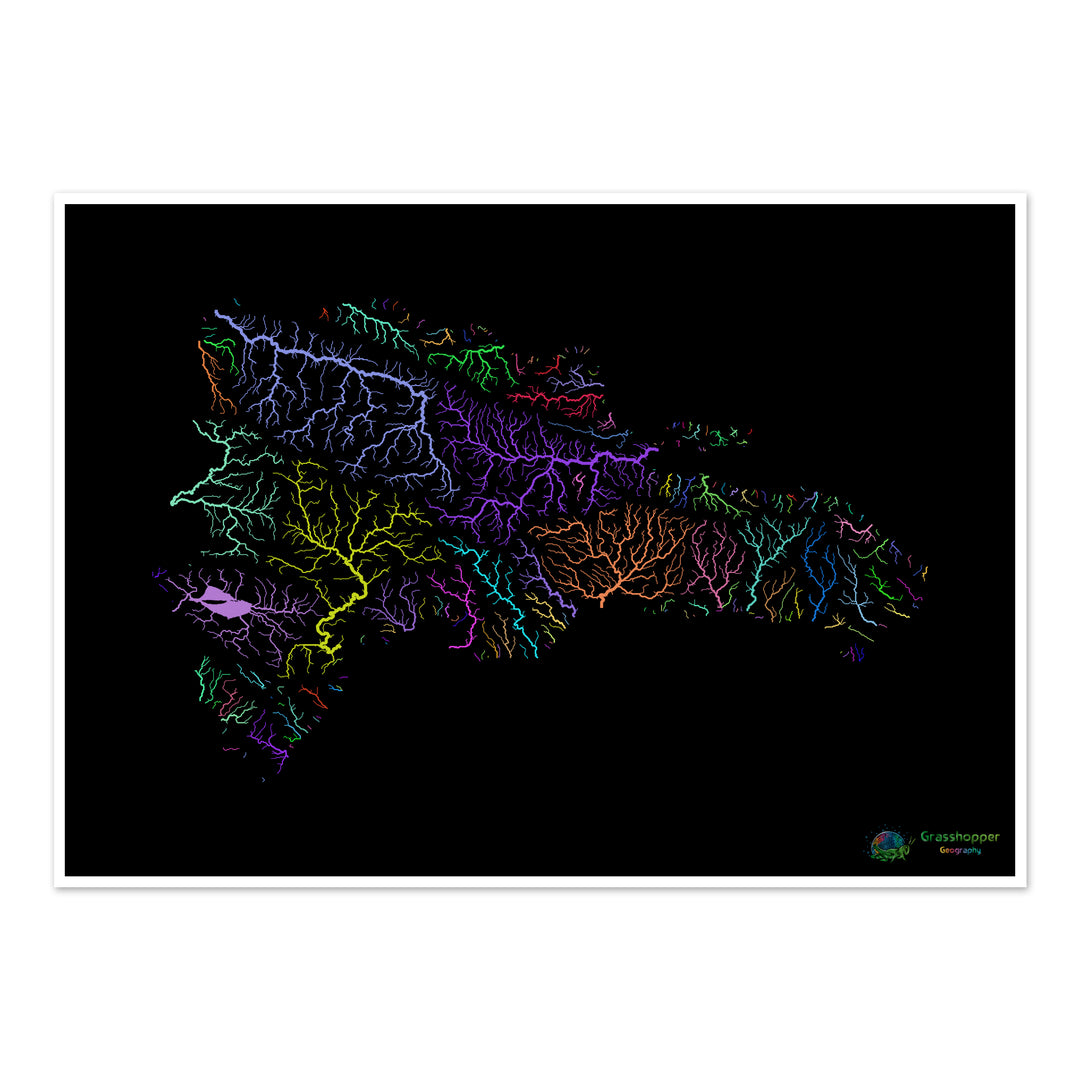 República Dominicana - Mapa de cuencas fluviales, arco iris sobre negro - Impresión de Bellas Artes