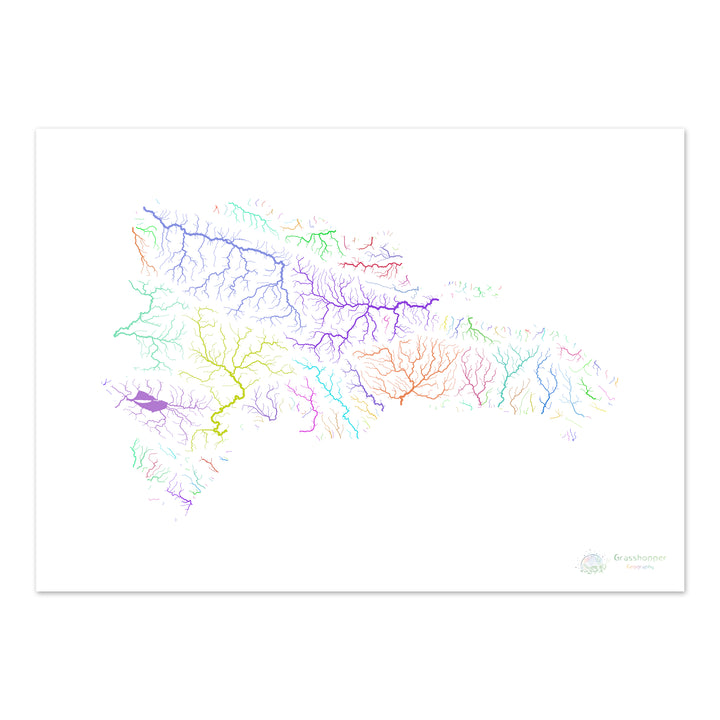 République Dominicaine - Carte des bassins fluviaux, arc-en-ciel sur blanc - Fine Art Print