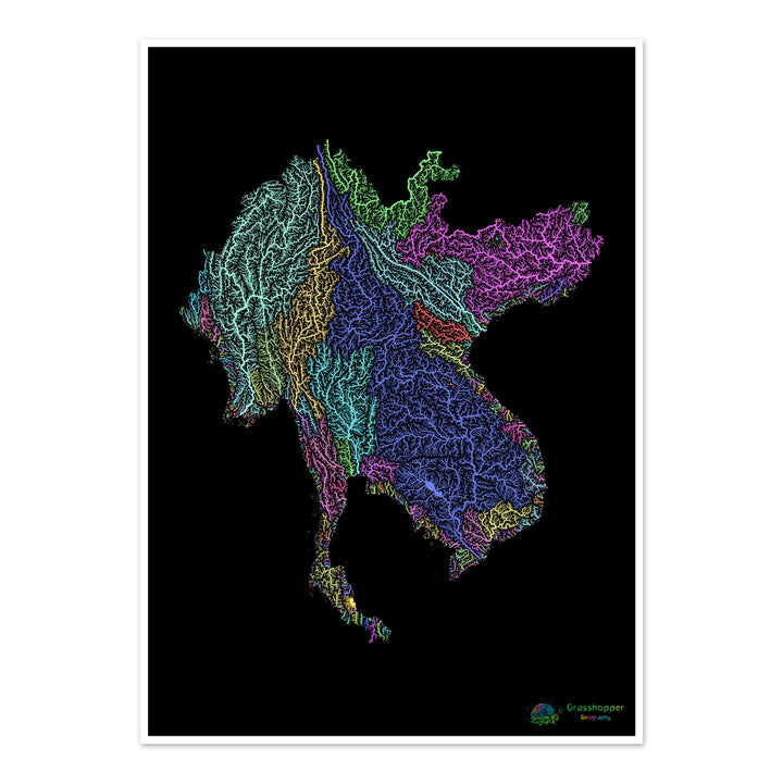 River basin map of the Greater Mekong Subregion, pastel colours on black - Fine Art Print