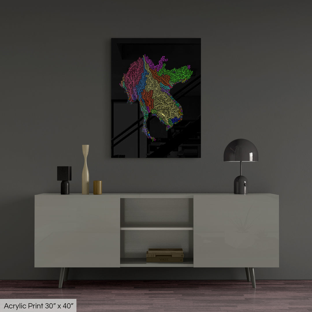 Greater Mekong Subregion - River basin map, rainbow colours - Wall Art