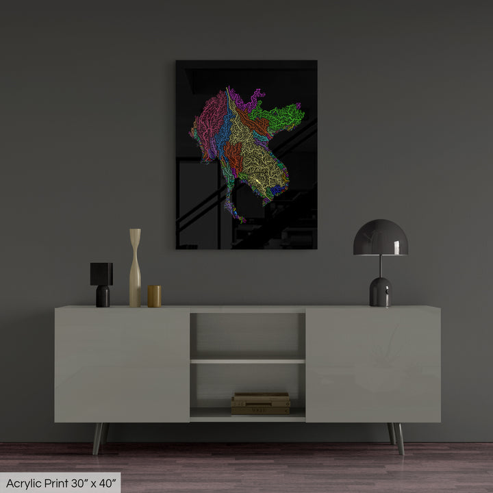 Greater Mekong Subregion - River basin map, rainbow colours - Wall Art