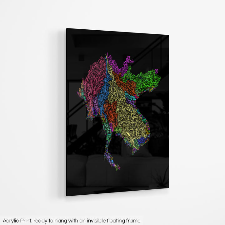 Greater Mekong Subregion - River basin map, rainbow colours - Wall Art