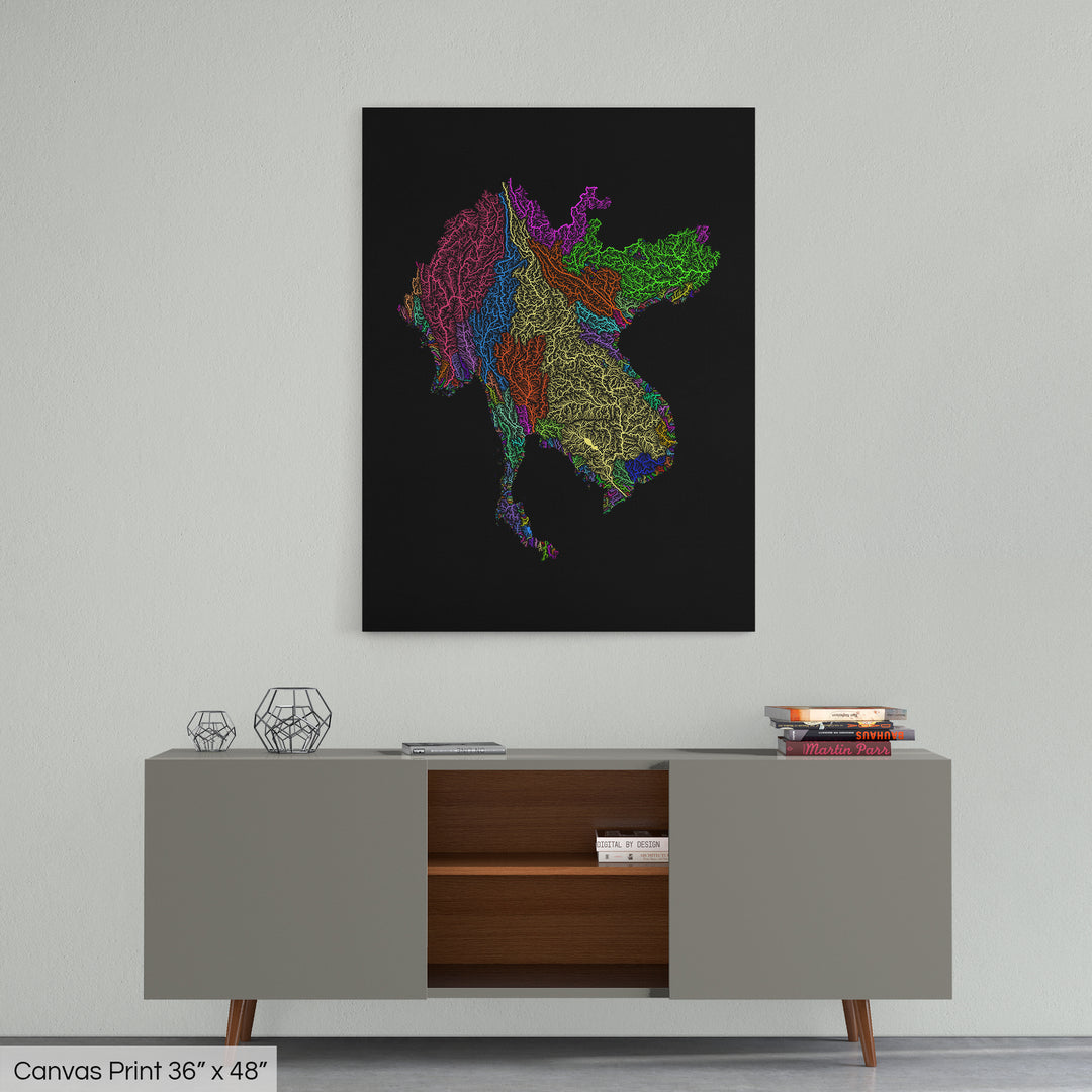 Greater Mekong Subregion - River basin map, rainbow colours - Wall Art