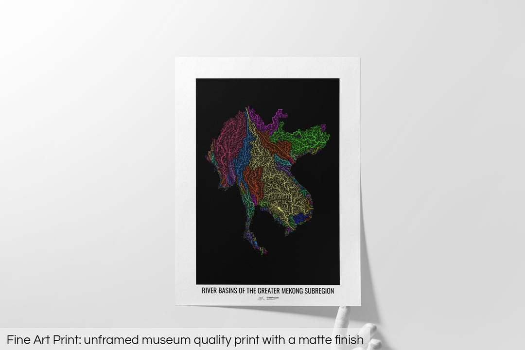 Greater Mekong Subregion - River basin map, rainbow colours - Wall Art
