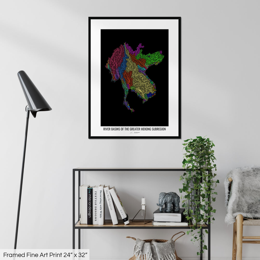 Greater Mekong Subregion - River basin map, rainbow colours - Wall Art
