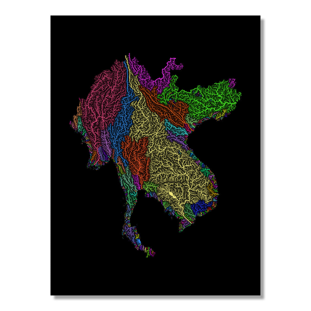 Greater Mekong Subregion - River basin map, rainbow colours - Wall Art