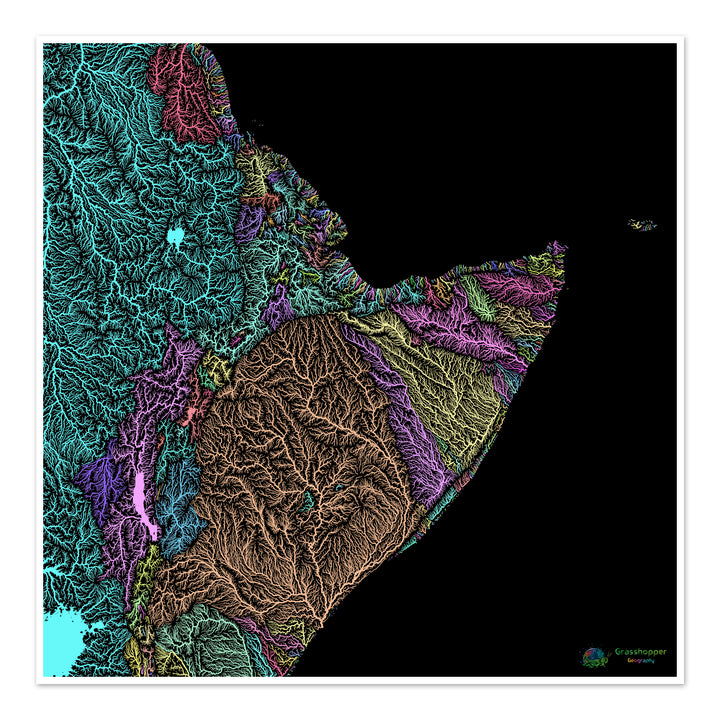 River basin map of the Horn of Africa, pastel colours on black - Fine Art Print