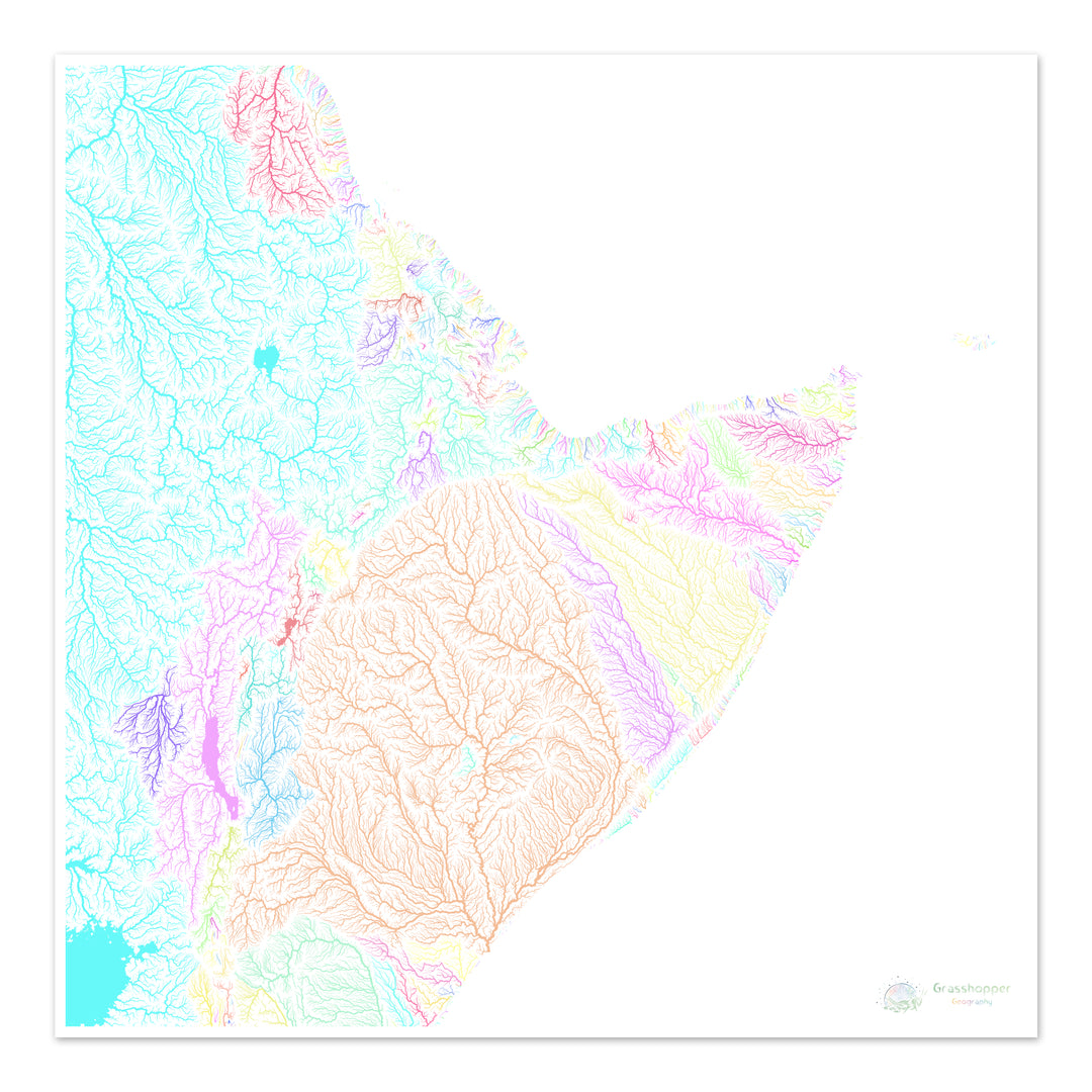 La Corne de l'Afrique - Carte des bassins fluviaux, pastel sur blanc - Fine Art Print