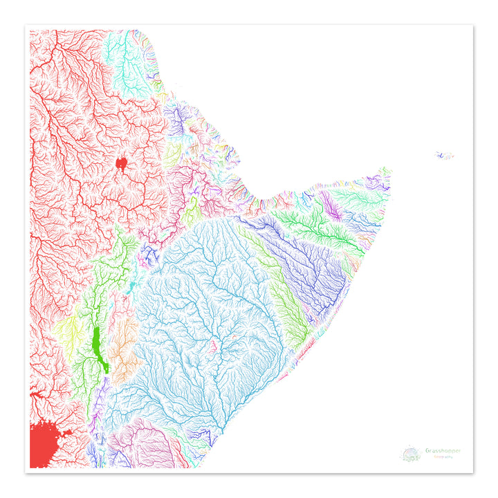 The Horn of Africa - River basin map, rainbow on white - - Fine Art Print